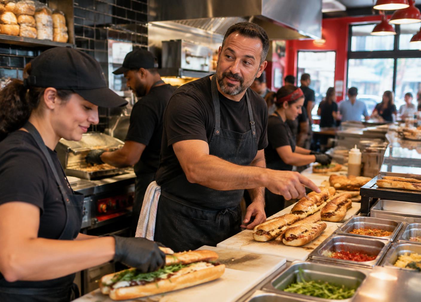 Operator leading a restaurant team during service